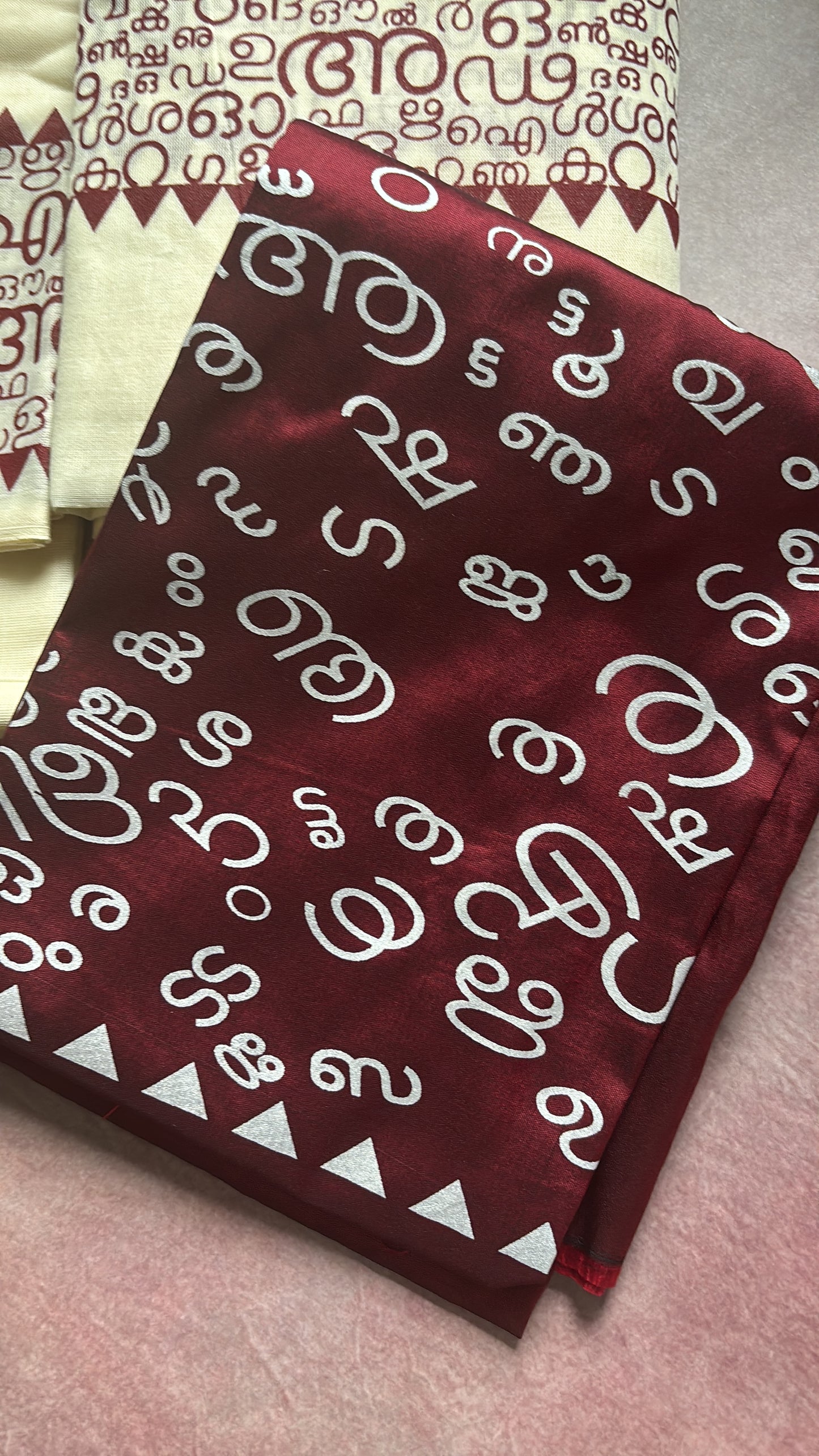 Aksharamala printed Set Mundu with blouse maroon