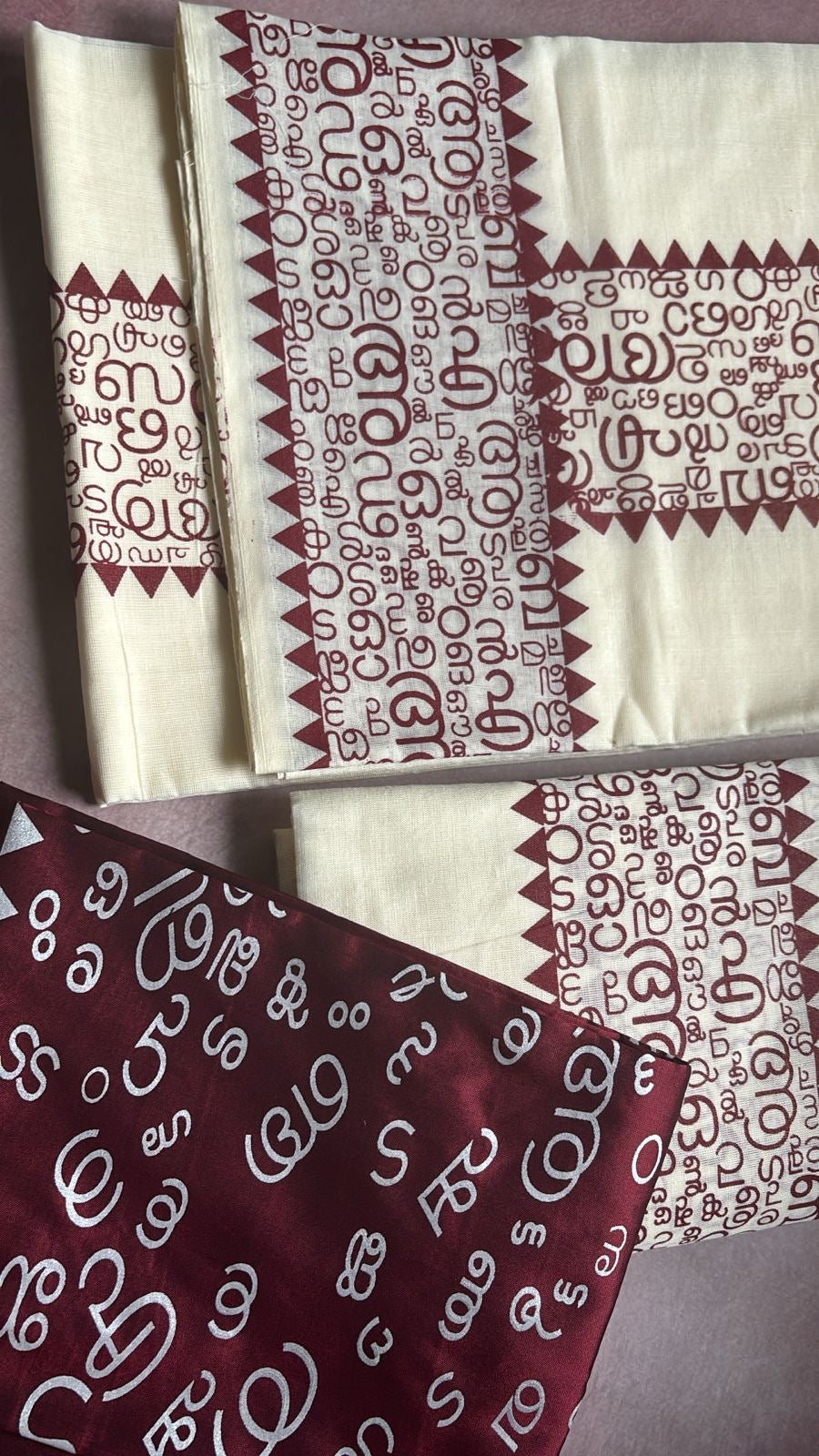Aksharamala printed Set Mundu with blouse maroon