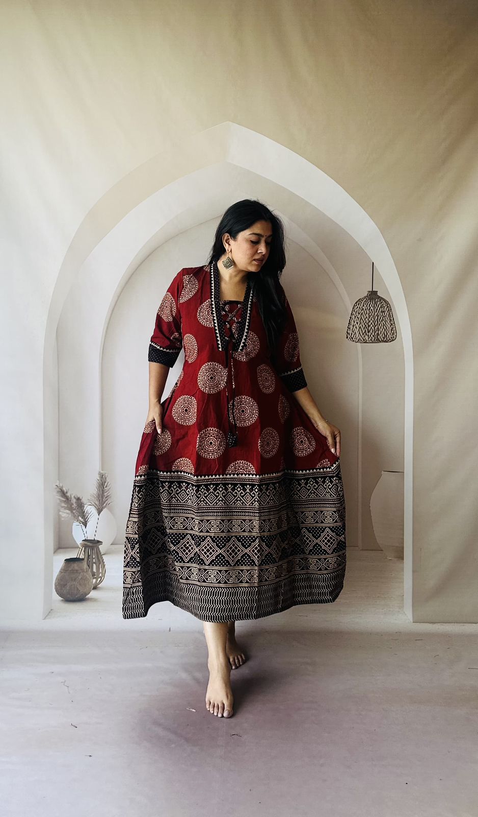Ajrakh Handblock printed A line cotton dress maroon and black