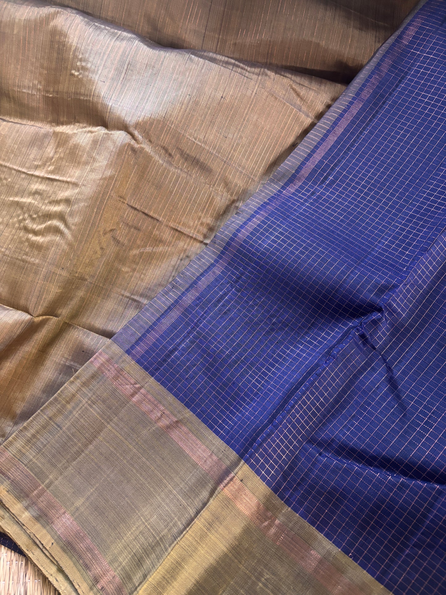 Kanjipuram Silk Saree in deep purple with contrast golden brown border