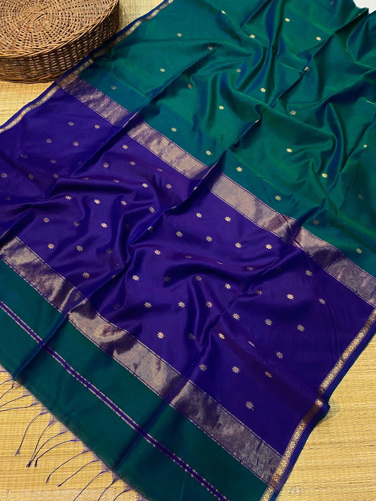Kalyanika (कल्याणिका) Handloom Maheshwari Silk Cotton Sarees,Peacock green and violet KM06