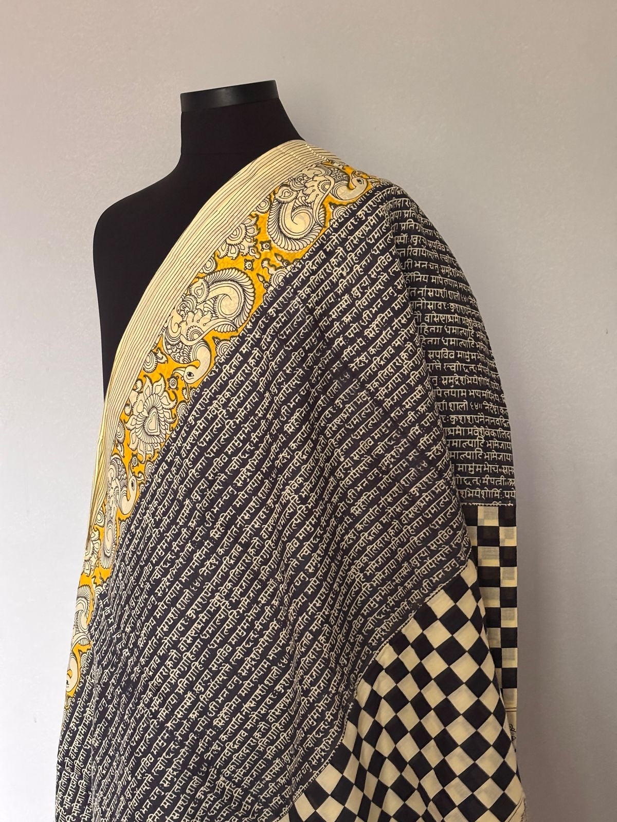 Vasantika (वसन्तिका) Jaipur Hand Block printed Soft Cotton Sarees, Sanskrit script and Kalamkari print VA04
