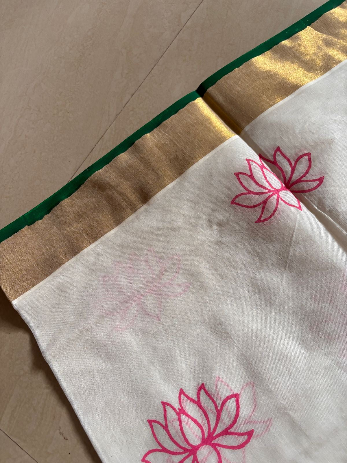Sarvani Premium Hand block printed , hand painted pure cotton Kerala set saree in pink lotus theme SAR03