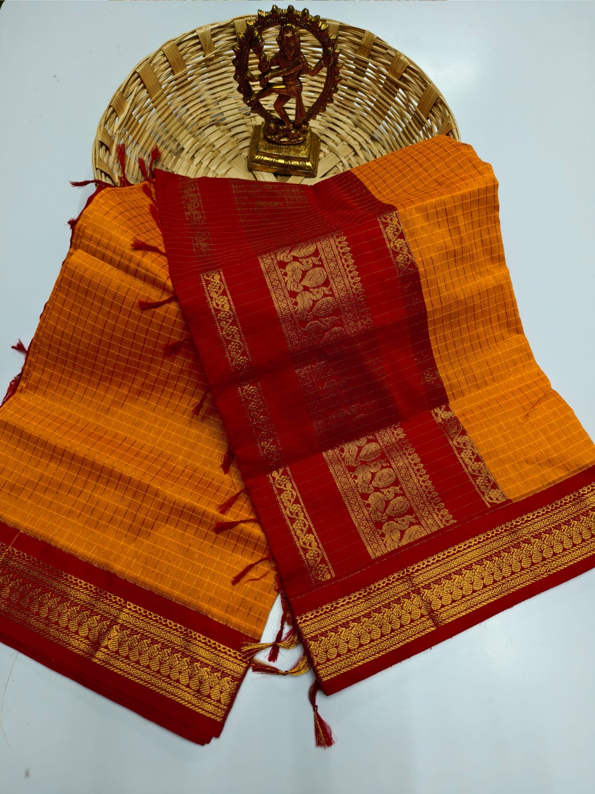 Apsara Kalyani cotton Checks saree orange and red