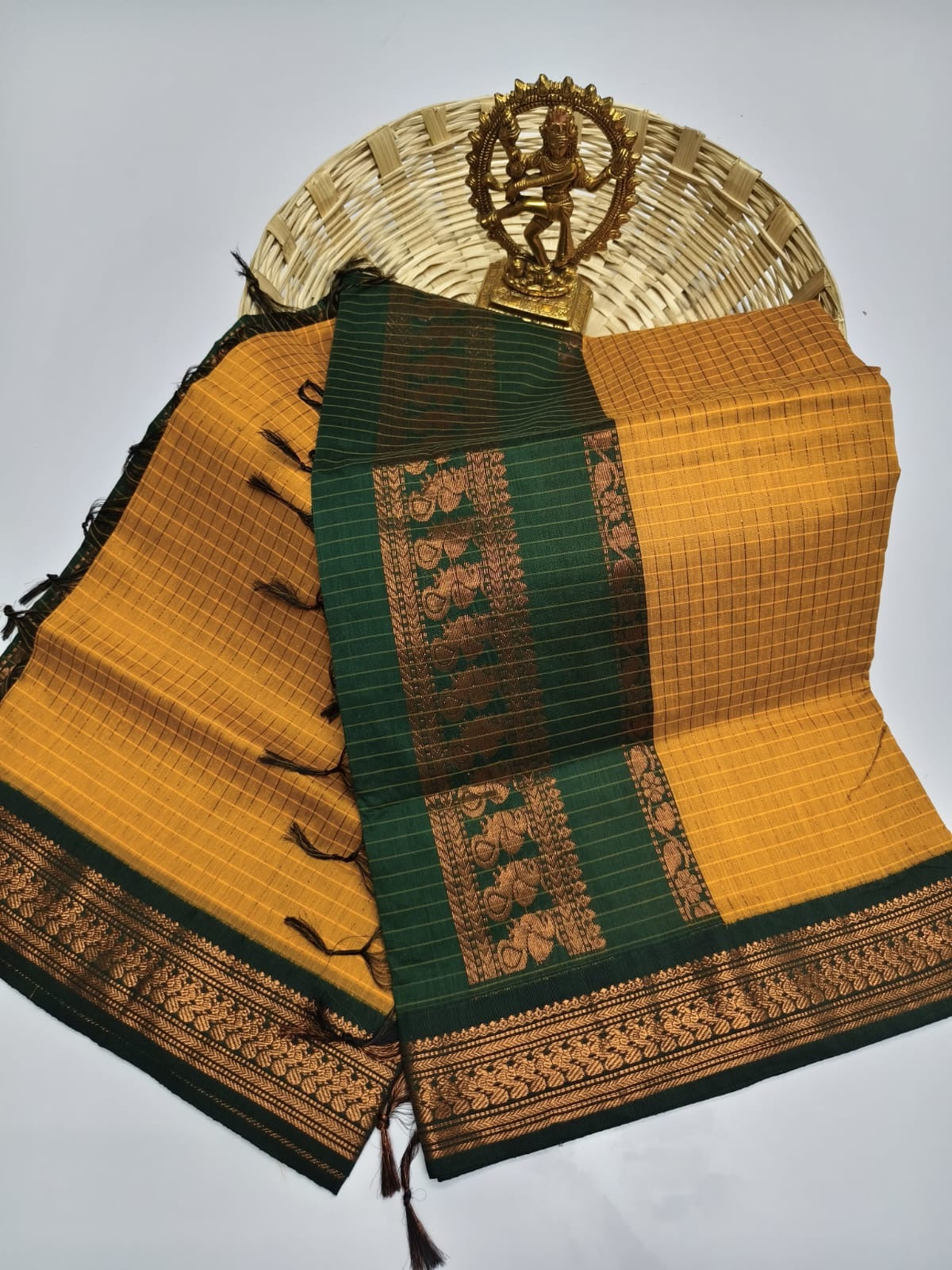 Apsara Kalyani cotton check saree Mustard Yellow and green