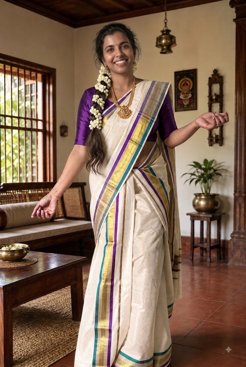 Light weight checkered Kasavu Set Mundu violet and peacock green
