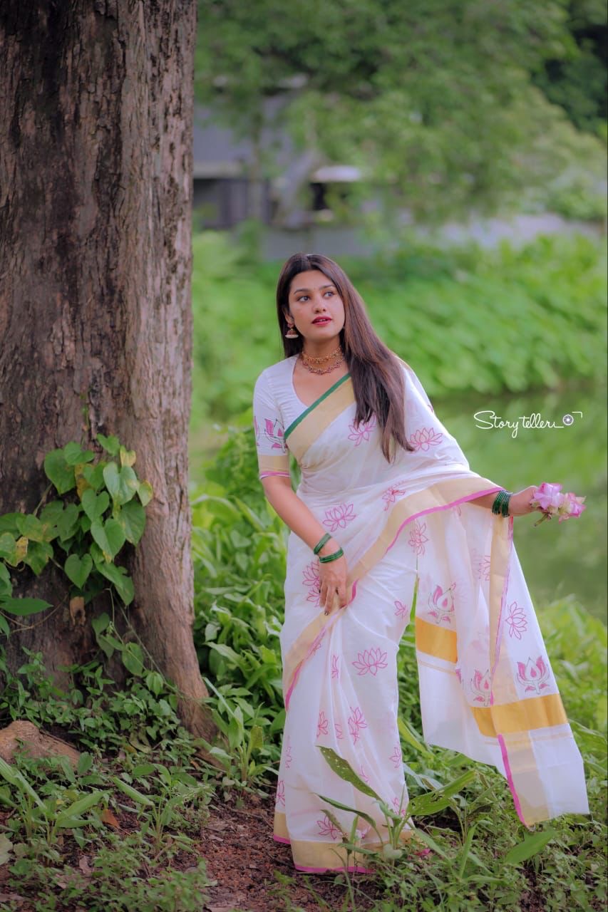Sarvani Premium Hand block printed , hand painted pure cotton Kerala set saree in pink lotus theme SAR03
