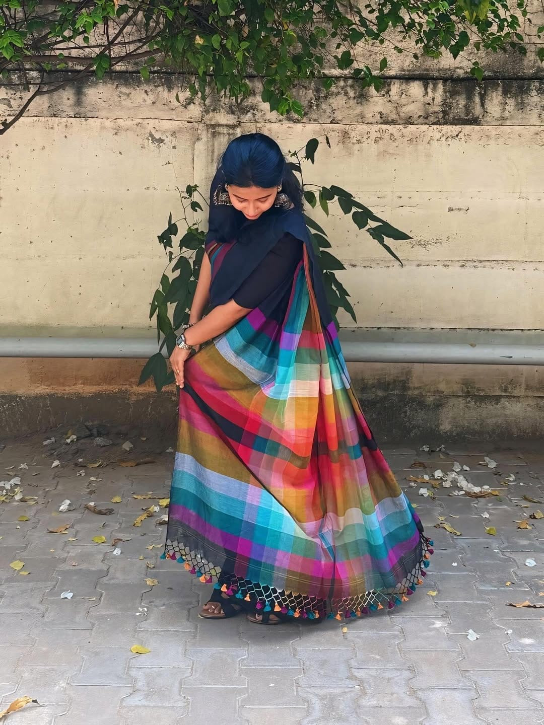 Navy blue Multi colour soft cotton Saree with tassels