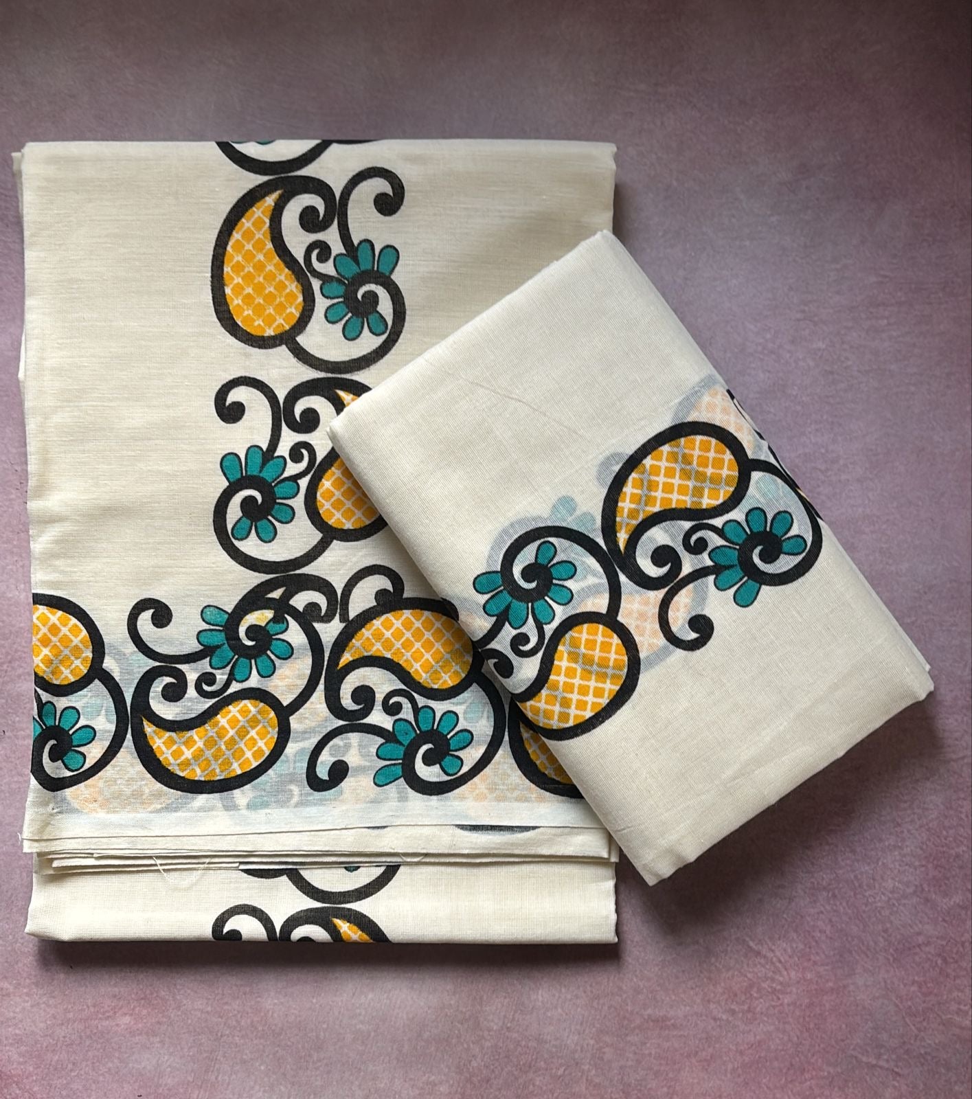 Onam special printed Cotton Set Mundu with handloom sungudi cotton blouse piece