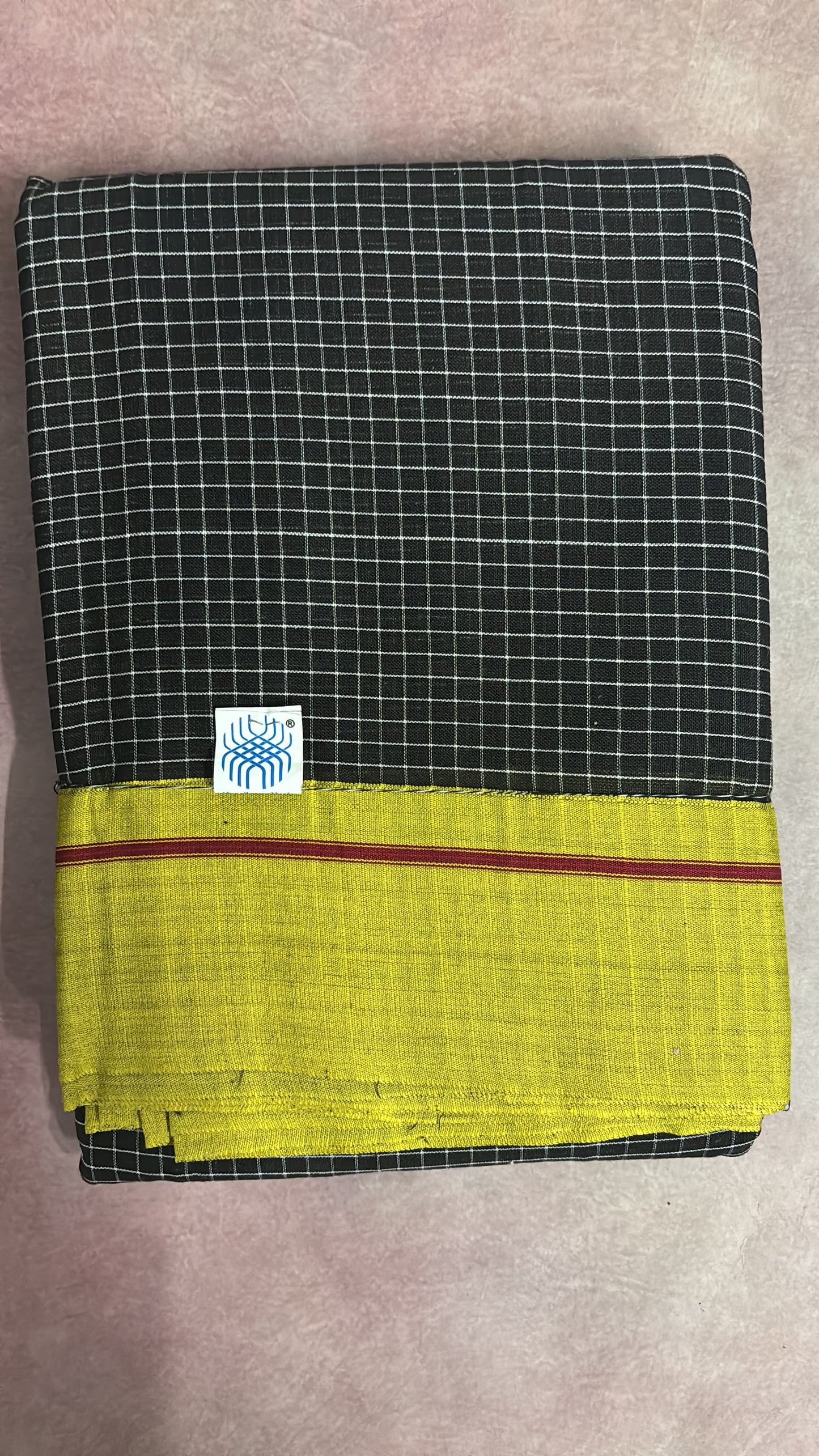 Patteda Aanchu handloom marked Cotton Saree Black and lemon yellow