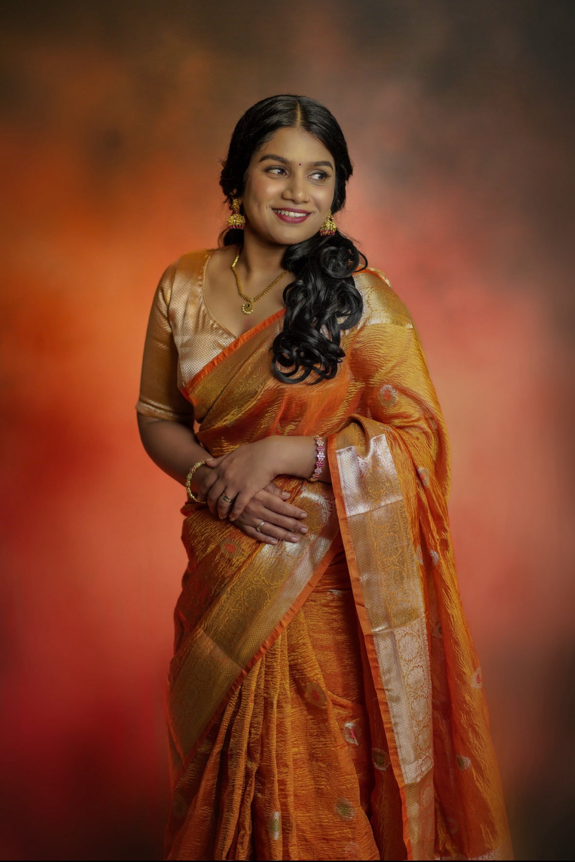 Banarasi crushed tissue saree Orange