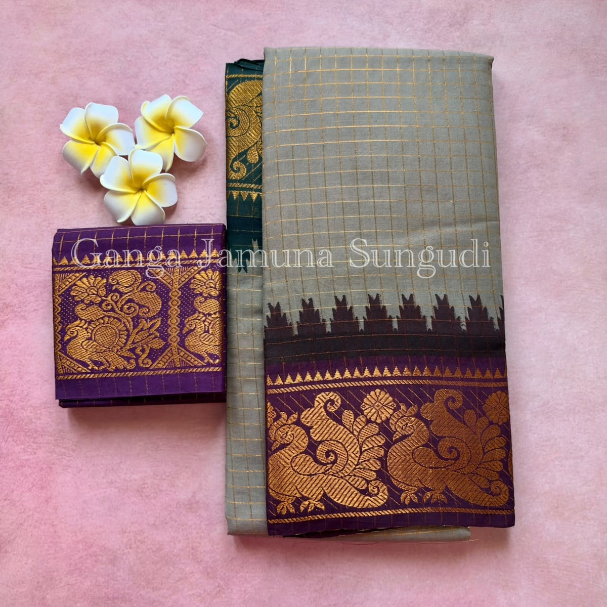 Ganga Jamuna Sungudi Handloom Cotton violet and green border