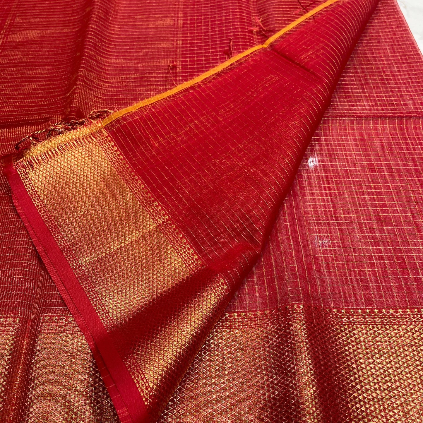 Kalyanika" (कल्याणिका) Handloom Maheshwari Silk Cotton Sarees Jari Checks Red KM12