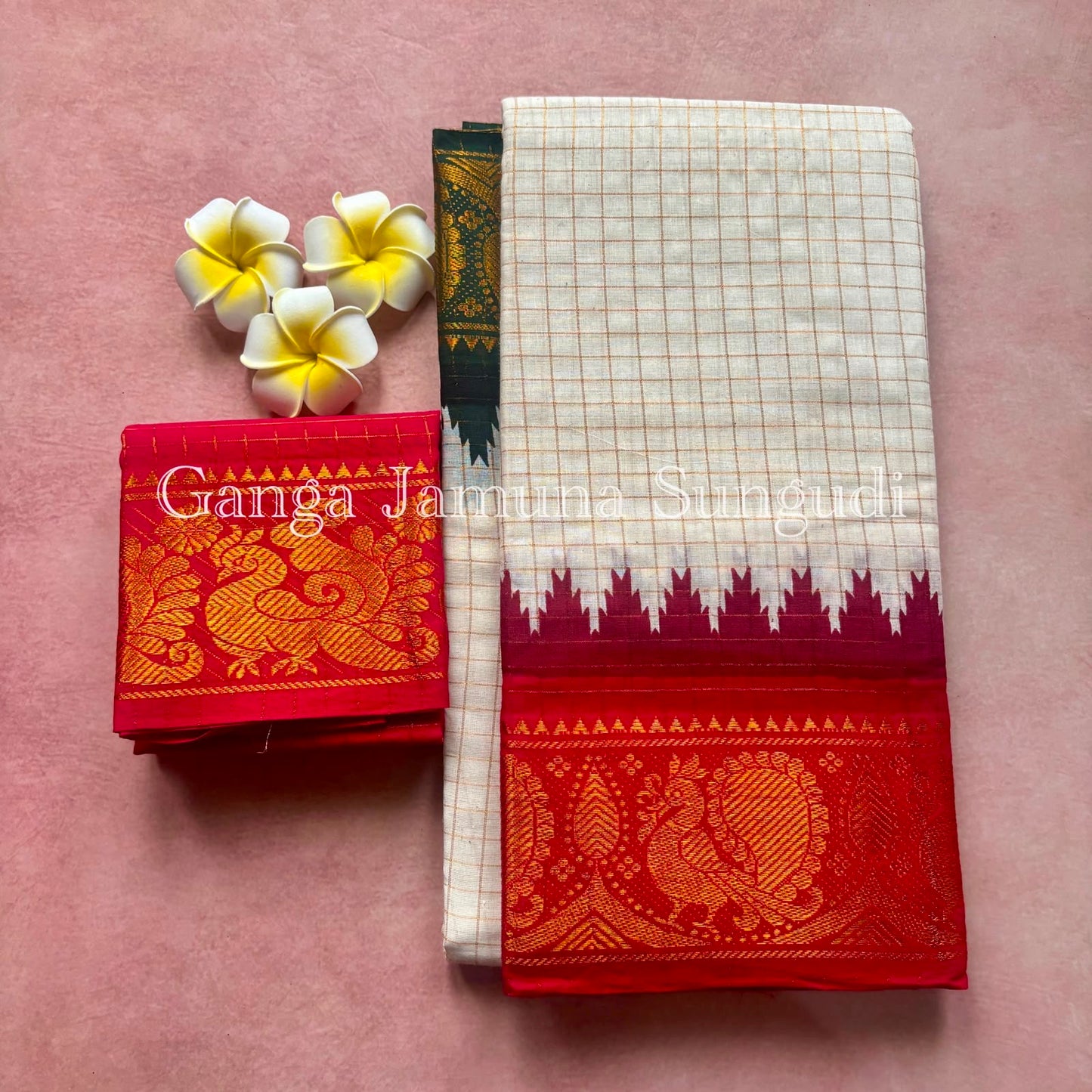 Ganga Jamuna Handloom Sungudi Cotton Saree Red and Green