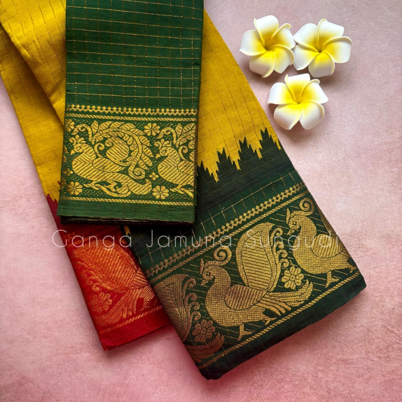 Pre order : Tarangini Handloom zari checks ganga jamuna sungudi sarees