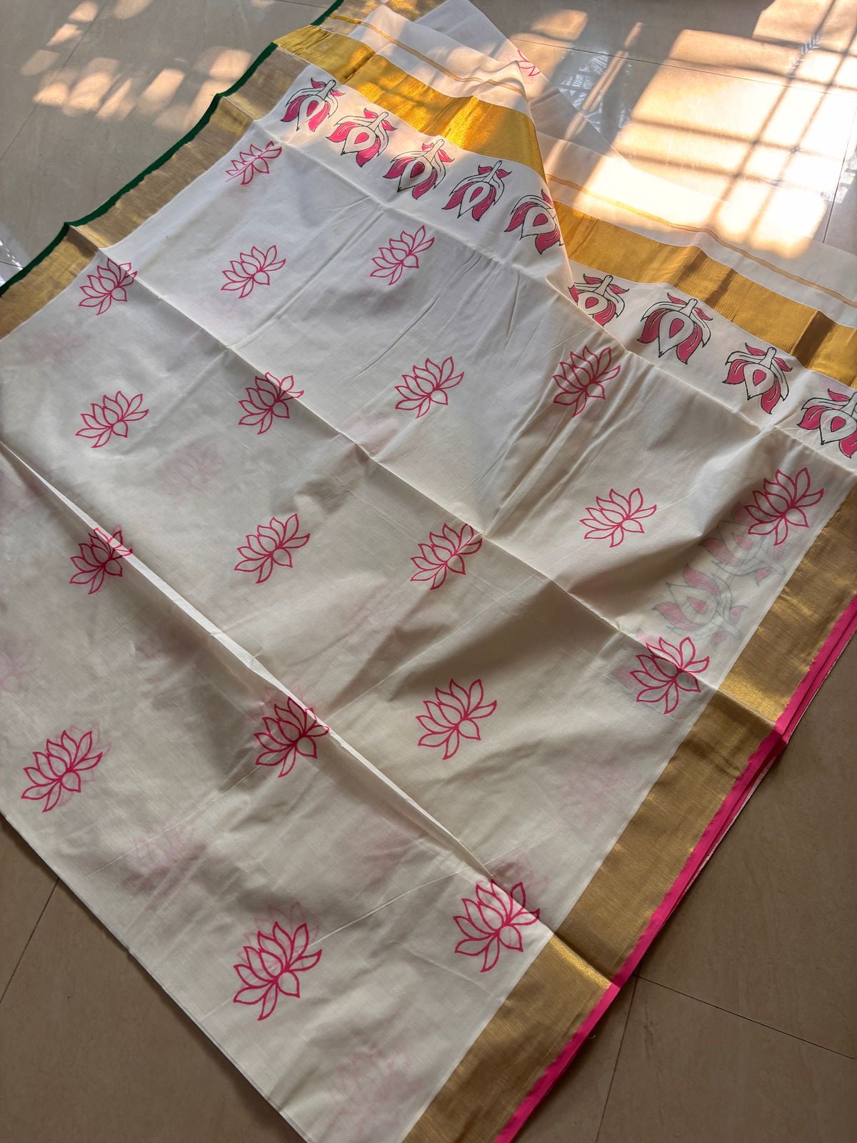 Sarvani Premium Hand block printed , hand painted pure cotton Kerala set saree in pink lotus theme SAR03