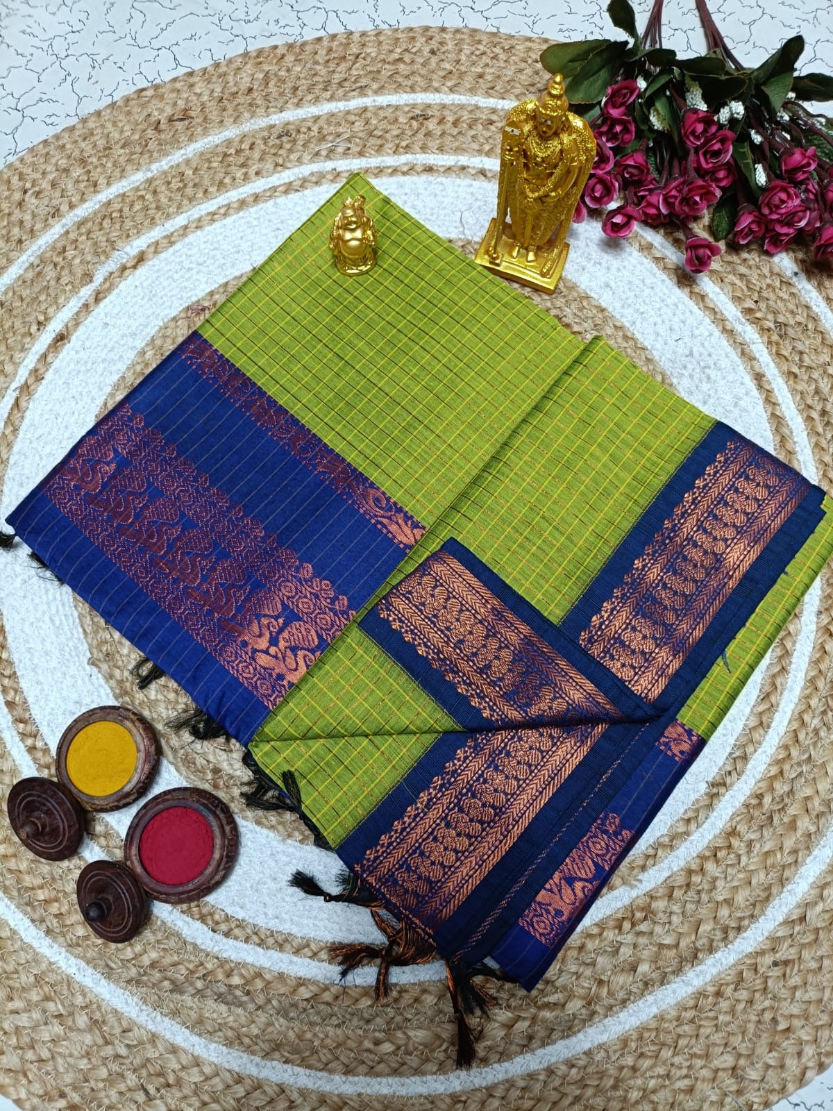 Green and blue festive Cotton Silk Saree