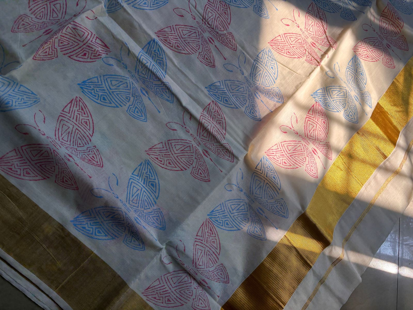 Sarvani Premium Cotton Butterfly theme Handblock printed Kerala Set Saree with golden Kara SAR04