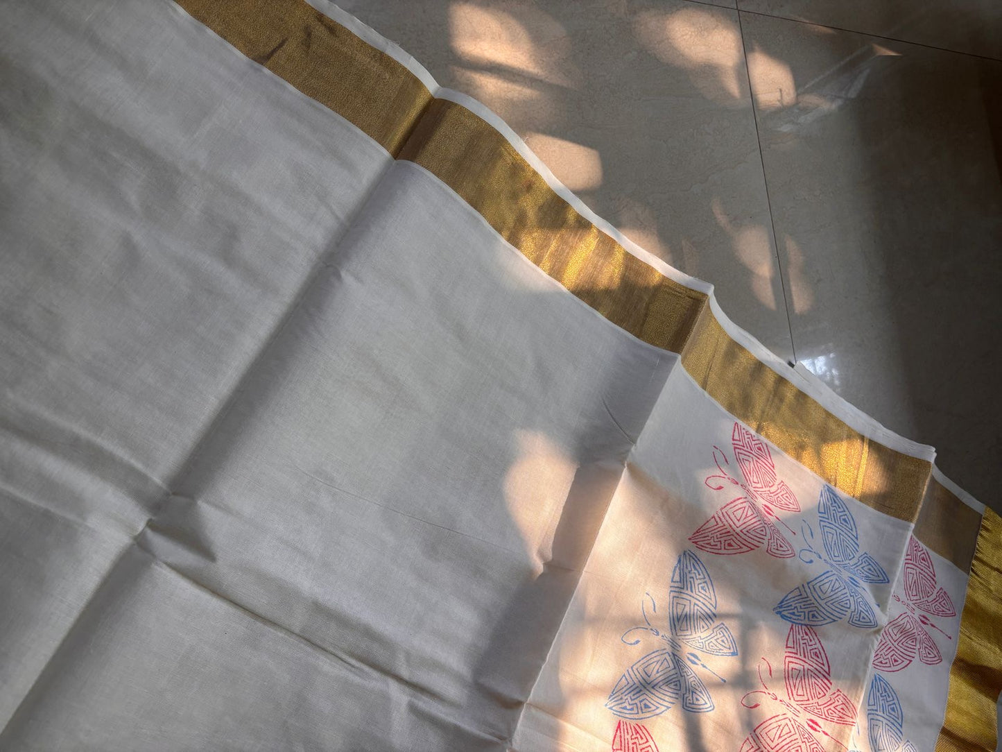 Sarvani Premium Cotton Butterfly theme Handblock printed Kerala Set Saree with golden Kara SAR04