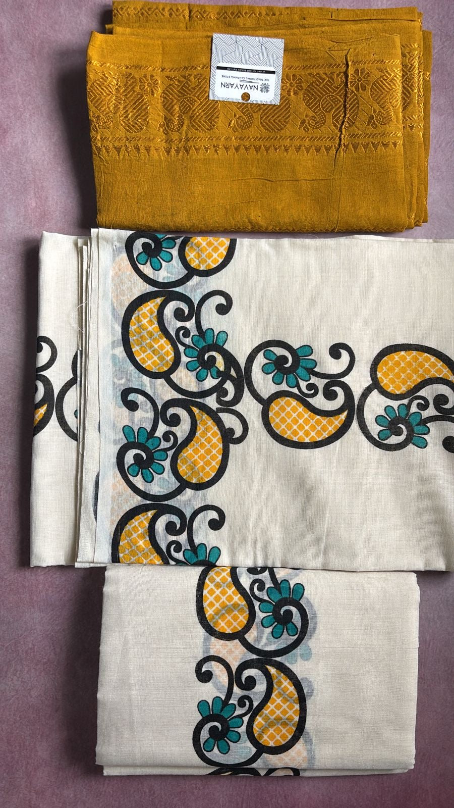 Onam special printed Cotton Set Mundu with handloom sungudi cotton blouse piece