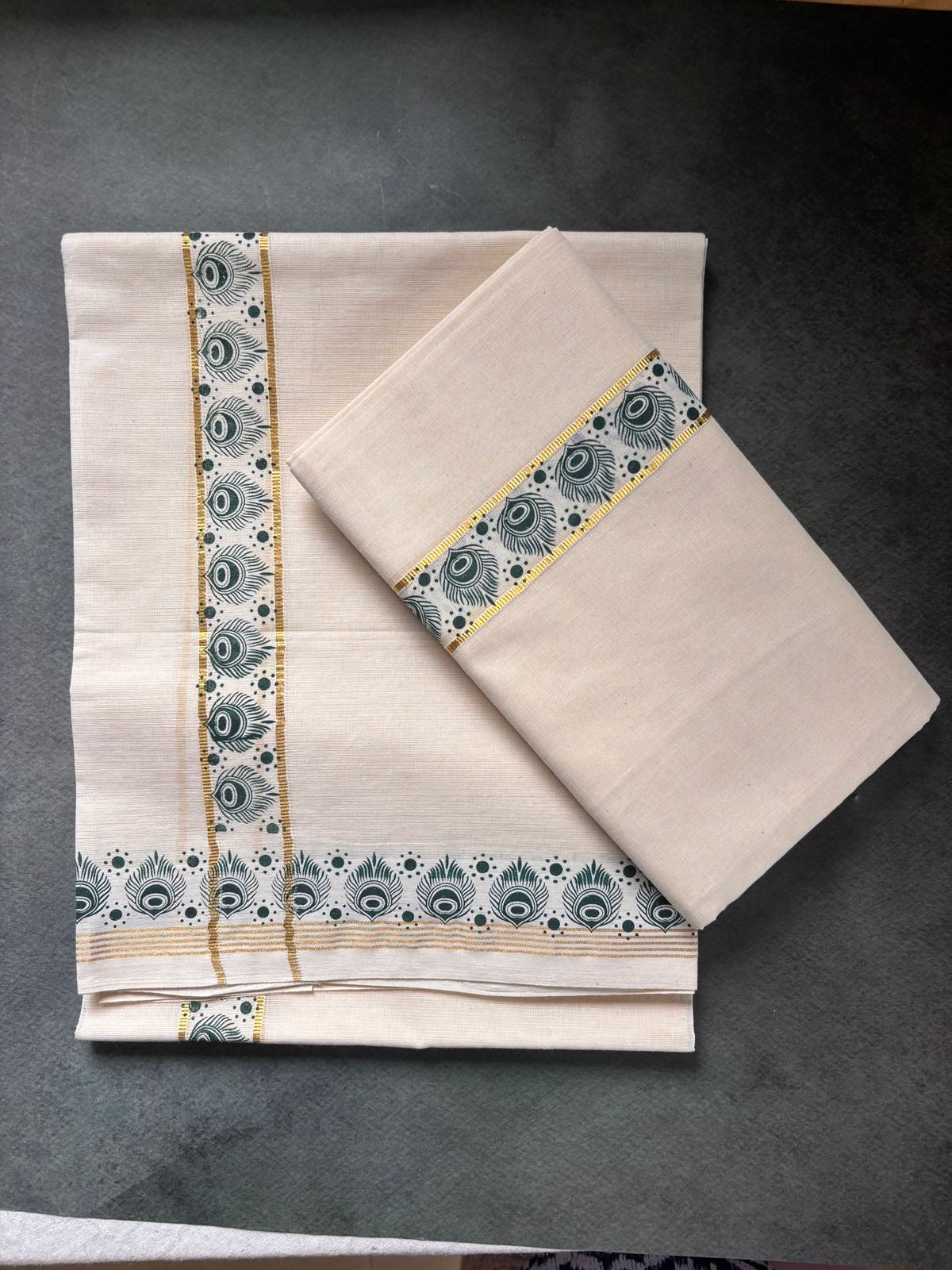 Sarvani Kerala Cotton aalila pattern Single Kasavu Set mundu (green)