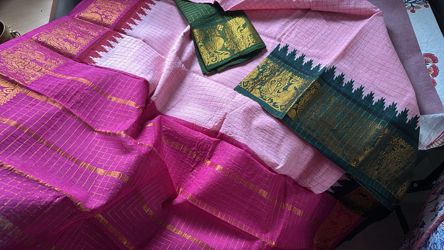 Tarangini powder pink zari kattam ganga jamuna Sungudi cotton saree with rani pink and green temple border