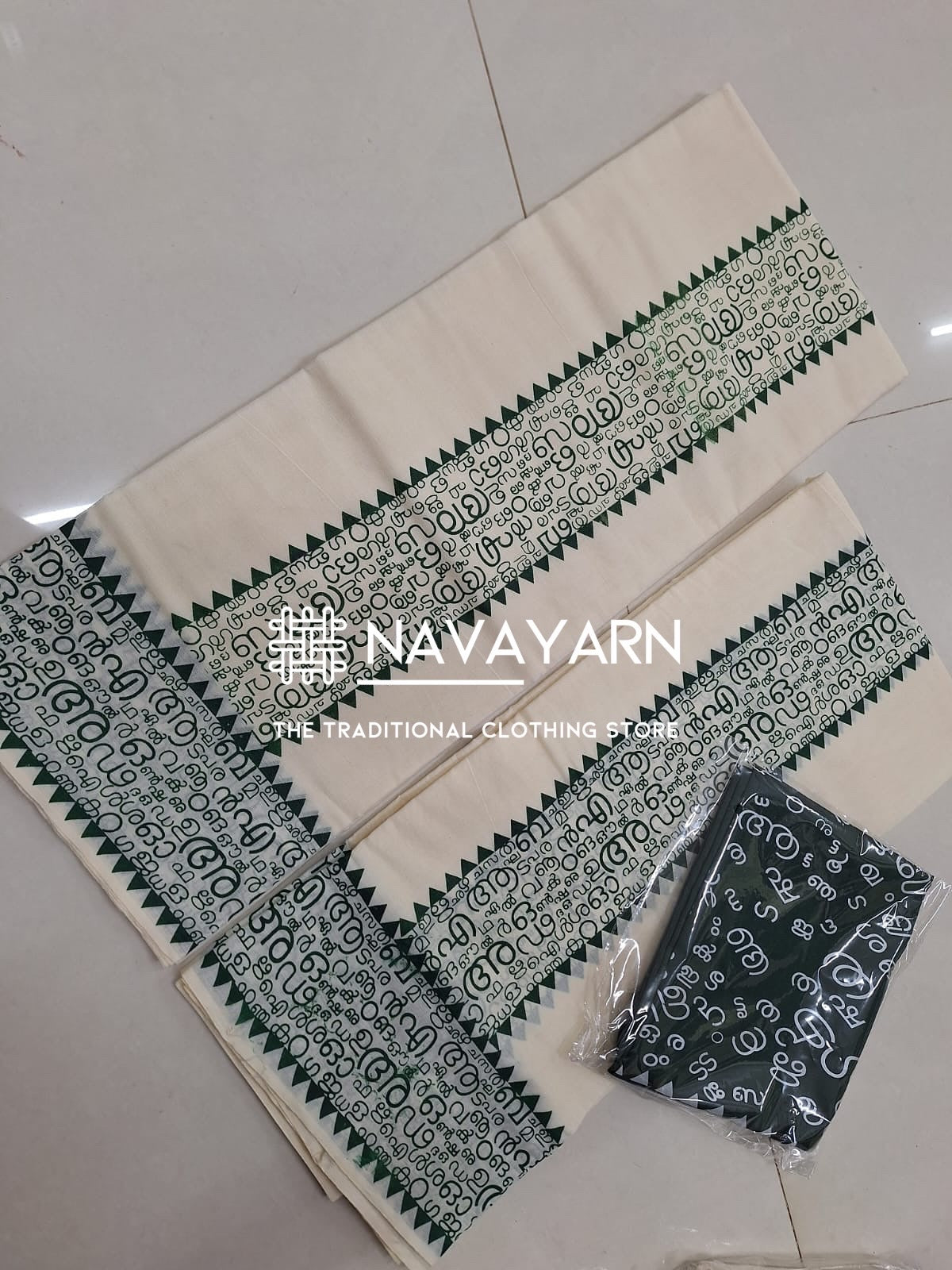 Kerala Cotton Aksharamala Single Set Mund with Blouse