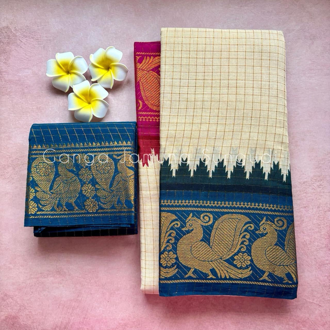 Pre Order: Tarangini ganga jamuna temple border Sungudi cotton saree with blue blouse piece.
