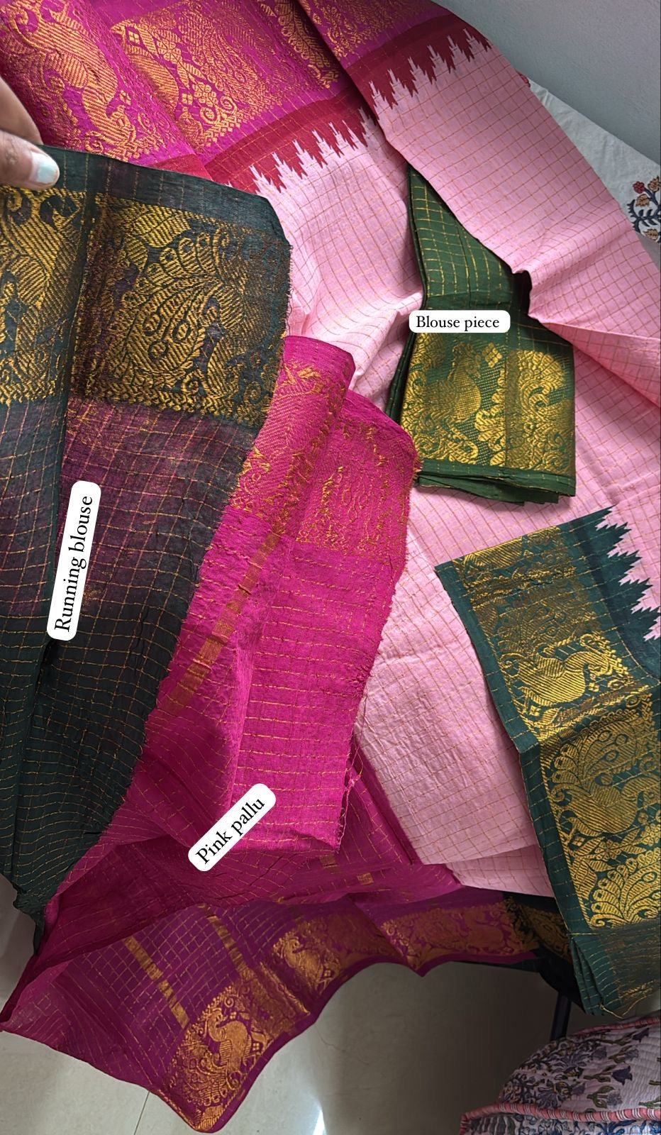 Tarangini powder pink zari kattam ganga jamuna Sungudi cotton saree with rani pink and green temple border