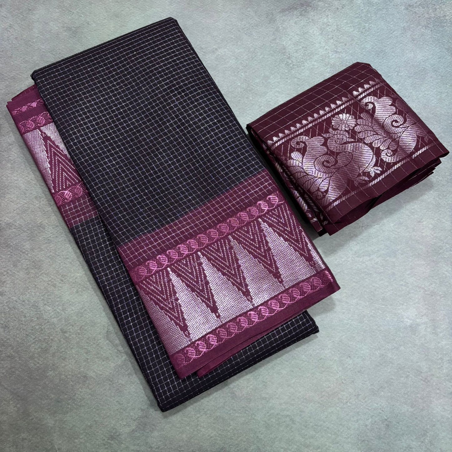 Gopuram border micro check sungudi cotton saree black and wine maroon