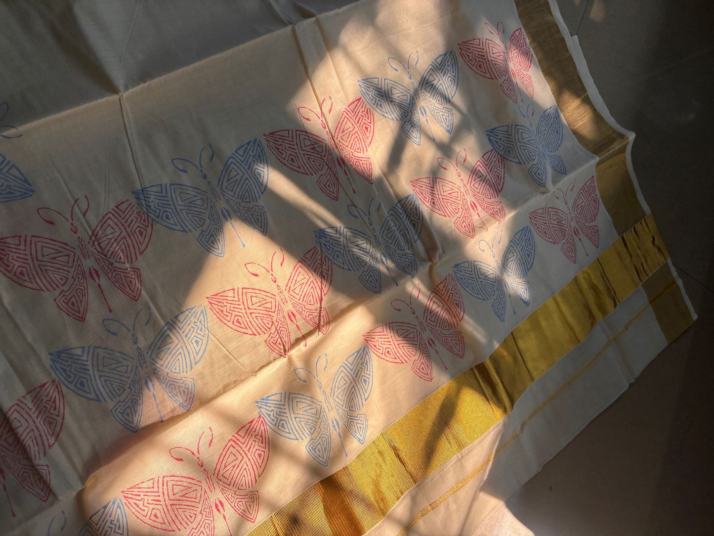 Sarvani Premium Cotton Butterfly theme Handblock printed Kerala Set Saree with golden Kara SAR04