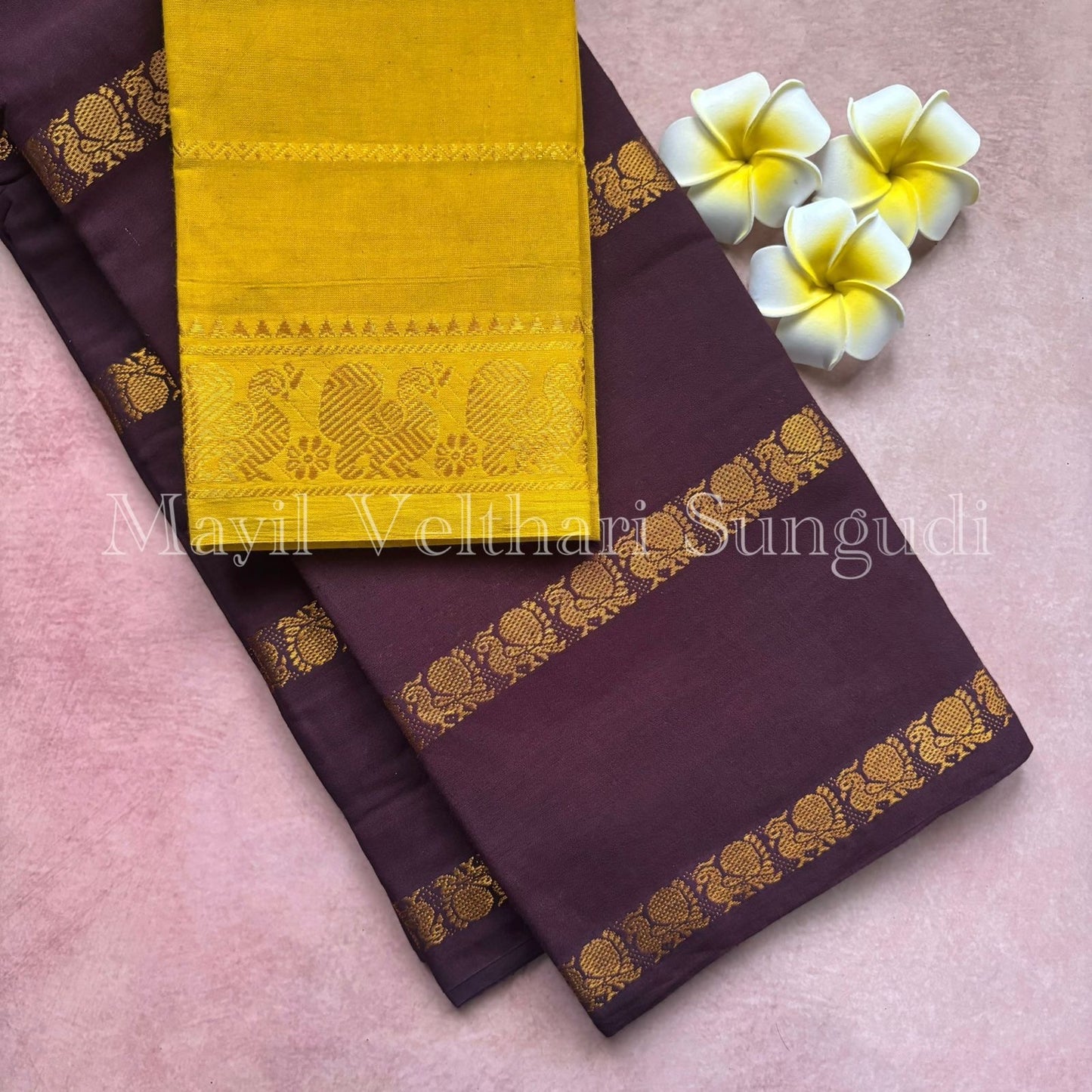 Mayil Velthari Sungudi brown saree with mustard blouse