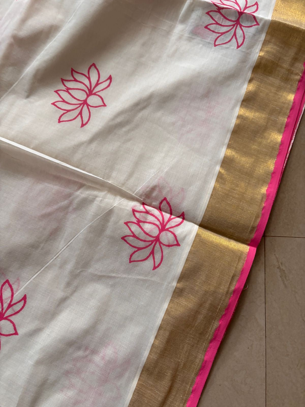 Sarvani Premium Hand block printed , hand painted pure cotton Kerala set saree in pink lotus theme SAR03