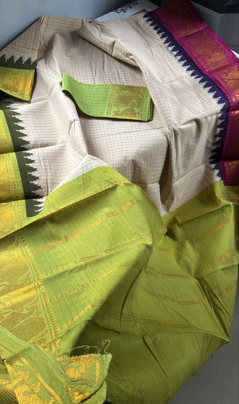 Tarangini Ganga Jamuna zari checks saree off white body colour