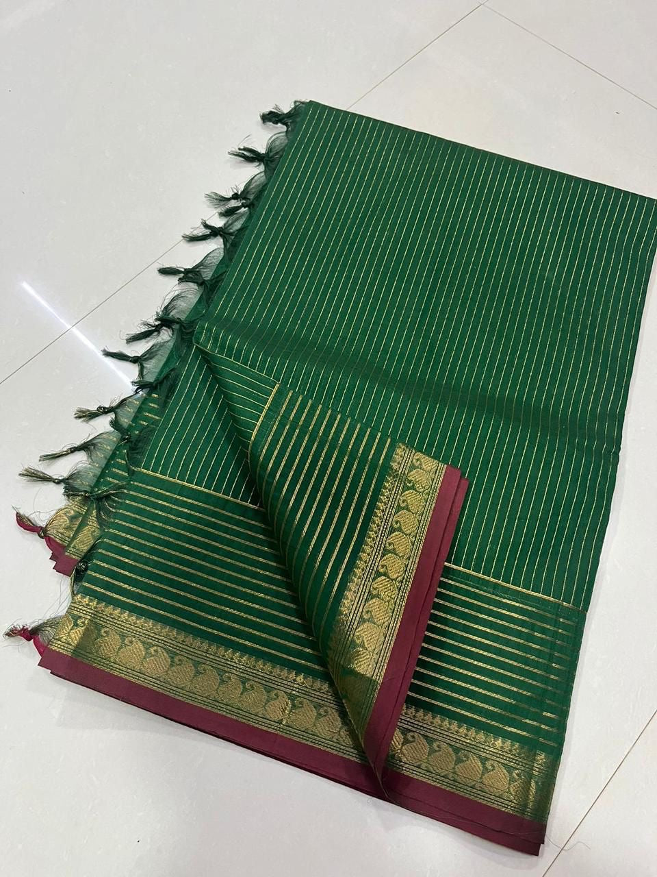 Sangita Chettinad Kanchi striped border Green Saree