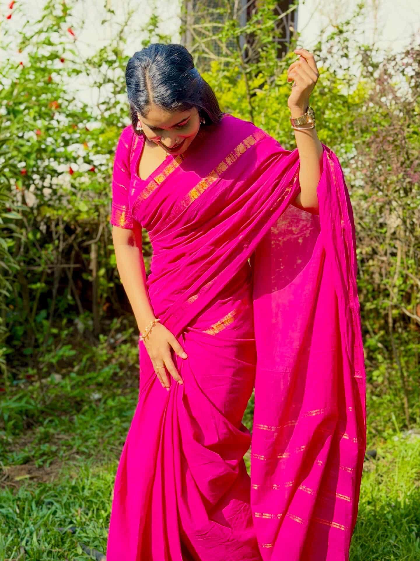 Tarangini Majenta handloom sungudi plain sarees, Sithara’s choice