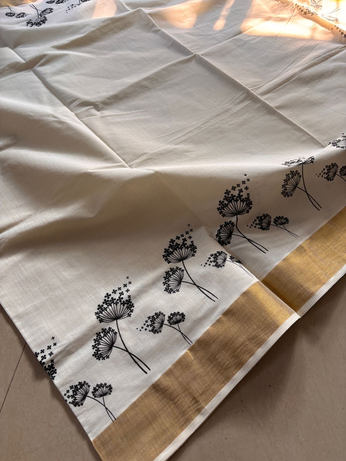 Sarvani Pure cotton breezy black mul flower in golden Kasavu Kerala Set saree SAR08