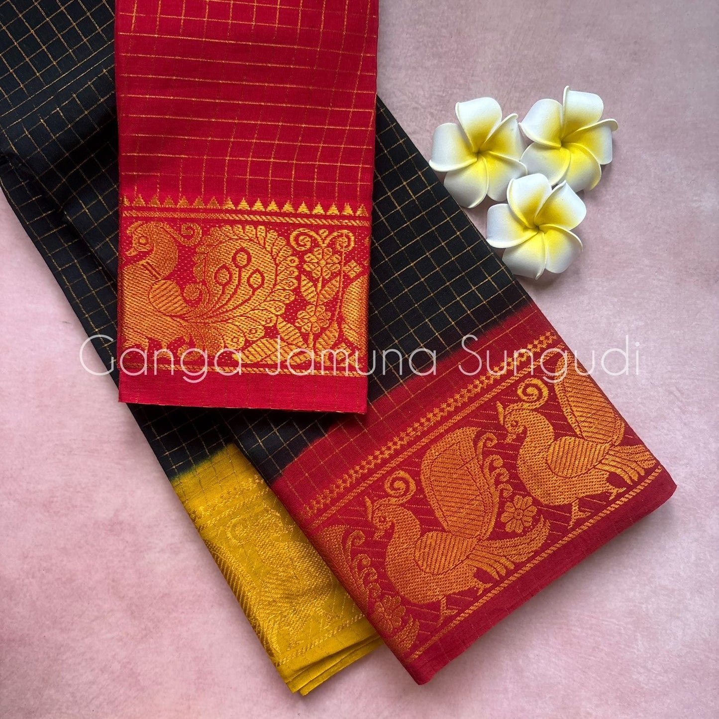 Black zari checks mustard maroon Ganga Jamuna Sungudi Handloom Cotton Saree