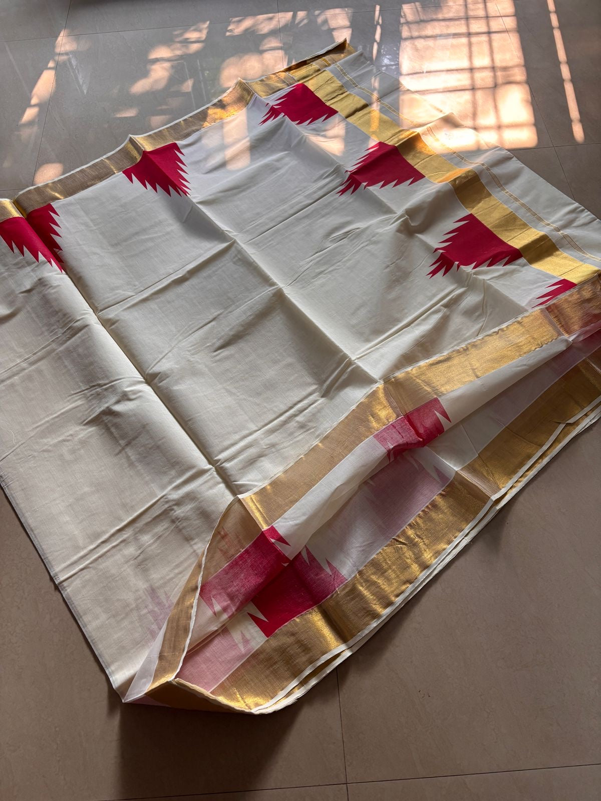 Sarvani Pure Cotton Big Red Temple Border Golden Kasavu Kerala Set Saree SAR07