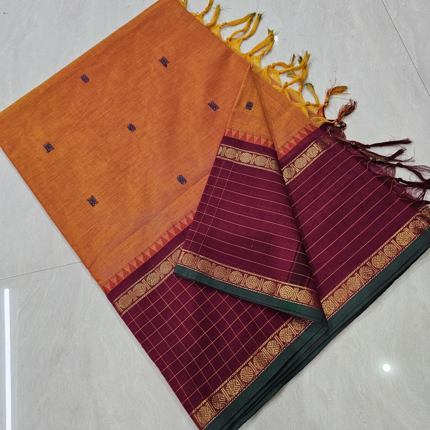 Sangita (संगीता) Vintage pattern Chettinad Kanchi sarees in mango yellow colour