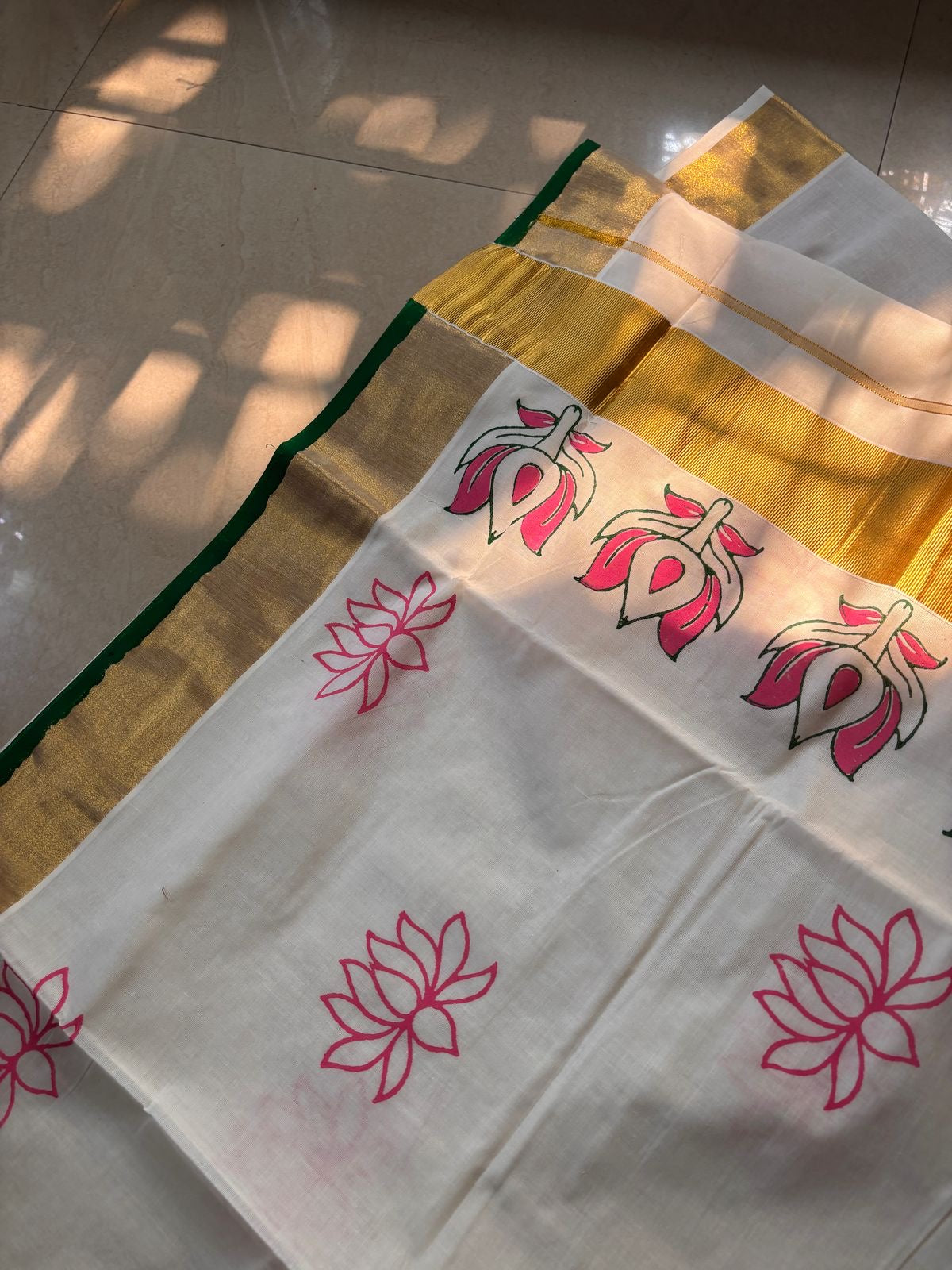 Sarvani Premium Hand block printed , hand painted pure cotton Kerala set saree in pink lotus theme SAR03