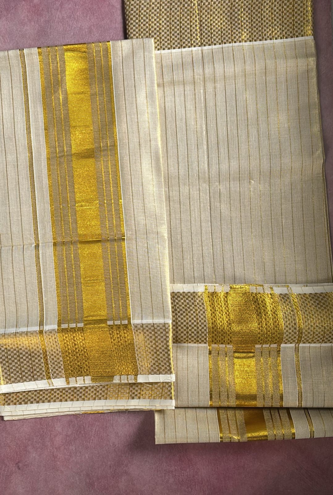 Sarvani 5 inch broad border zari striped Kasavu Set mundu