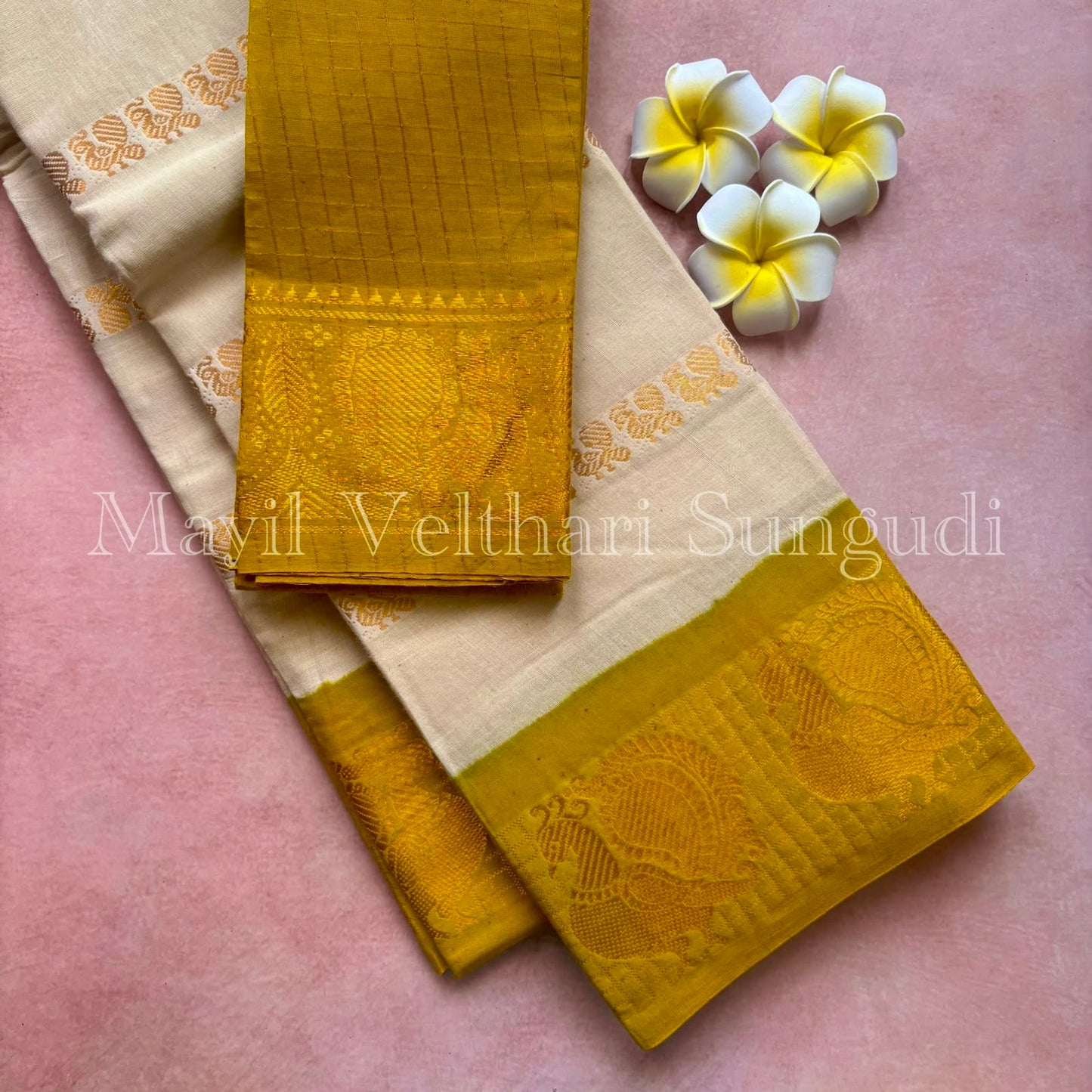 Festive off white mustard yellow combo peacock velthari handloom Sungudi cotton Saree
