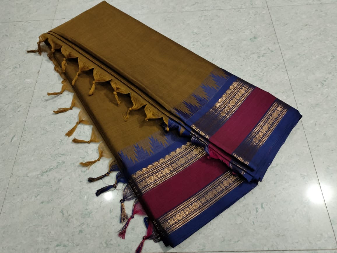 Sangita Chettinad kanchi cotton rustic shade with temple border Saree