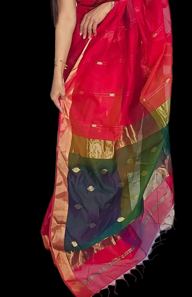 Festive Maheshwari silk cotton Saree with butti lines & butta Pallu