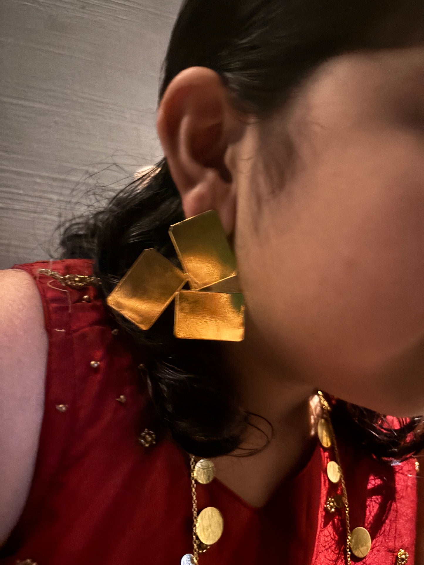 Anti tarnish brass statement ear piece asymmetrical pattern