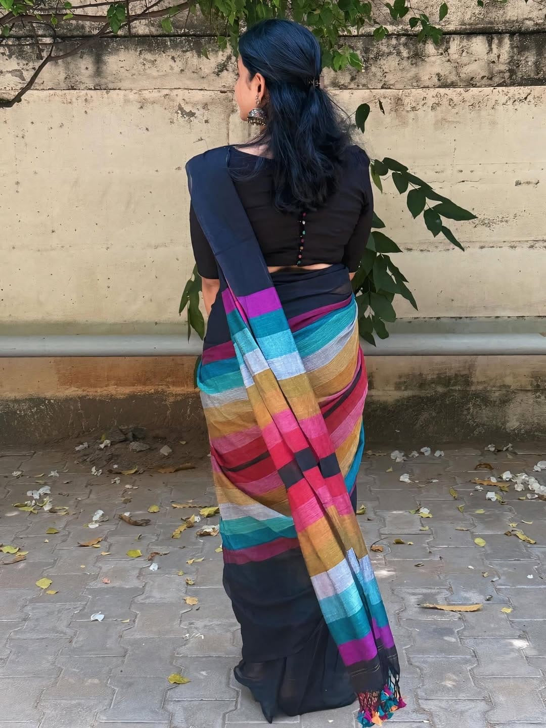 Navy blue Multi colour soft cotton Saree with tassels