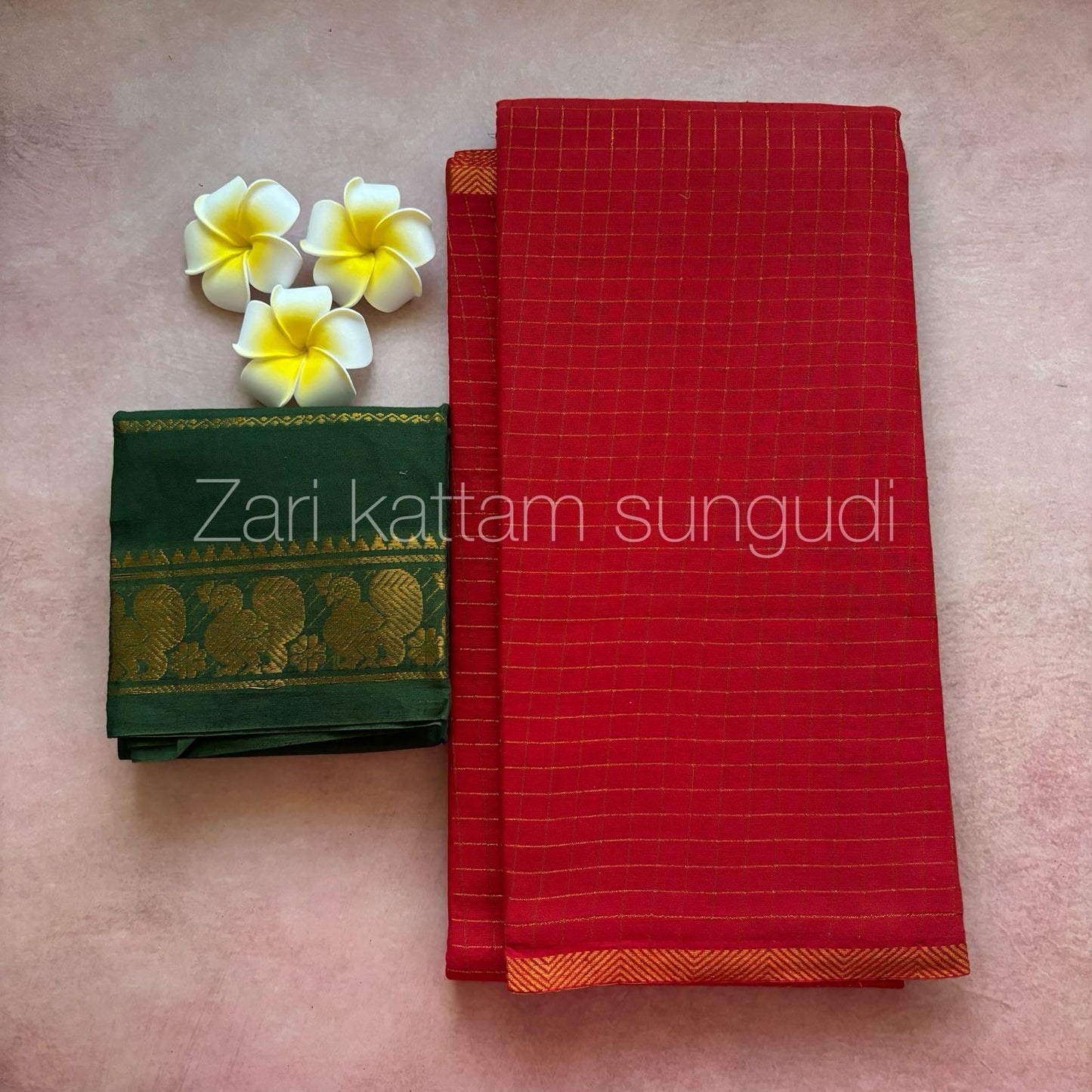 Pentex border handloom Red Sungudi cotton saree with green blouse