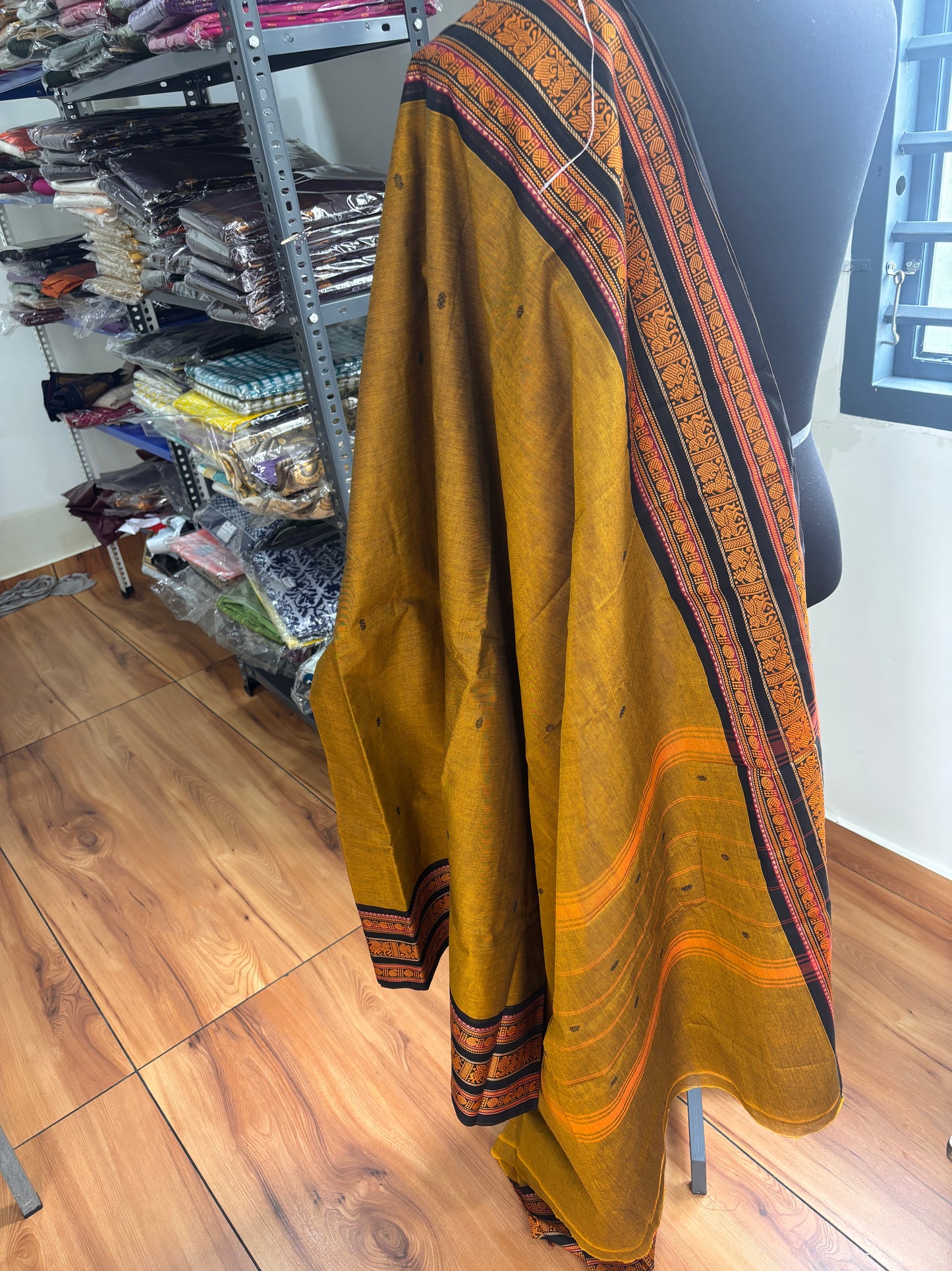 Mustard yellow thread border Kanchi cotton butta Saree with running blouse