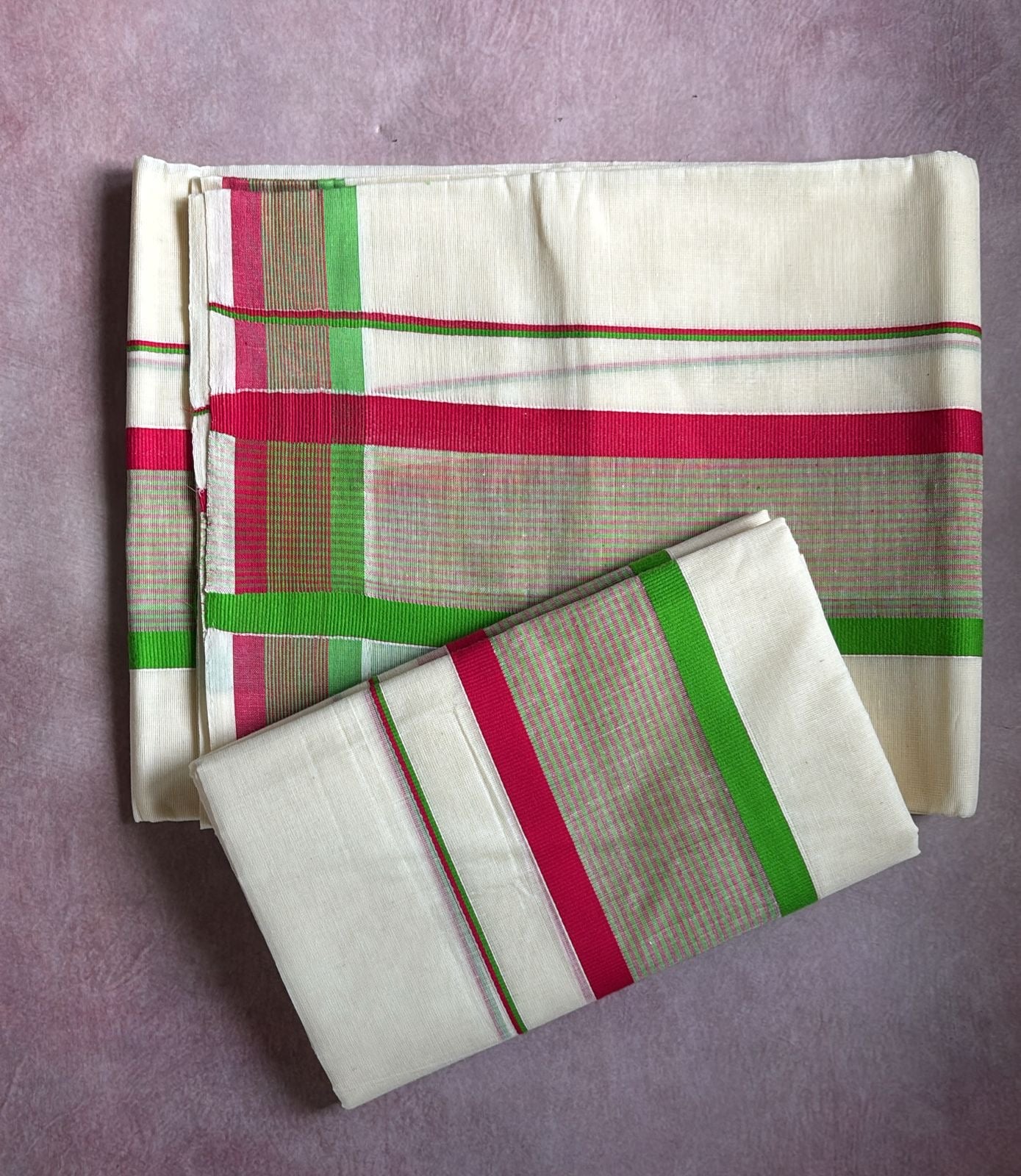 Kattikara pure cotton single set Mundu green and pink
